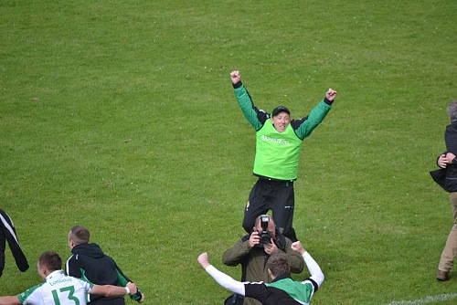London manager Paul Goggins celebrates after London's historic win over Leitrim in the Connacht semi-final.